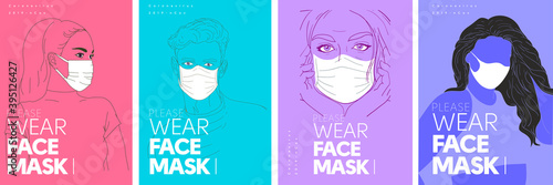 Set of vector posters. Poster - please wear a face mask. Line art, People in medical masks. COVID-19