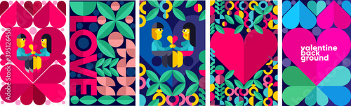 Set of vector posters or event banner. Couple on the background of the heart. Valentine's day posters, valentines with abstract, geometric background. Geometric prints, geometric patterns.