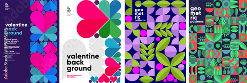 Set of vector posters or event banner. Valentine's day posters, valentines with abstract, geometric background. Geometric prints, geometric patterns.