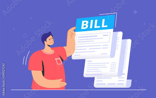 Big bill or payment notification of monthly accounting and debt. Flat vector illustration of cute man standing near a big invoice and pointing to the summary amount before doing payment