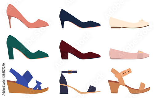 Set of shoes. Women's high-heeled shoes, ballet flats, sandals. Isolated vector illustration