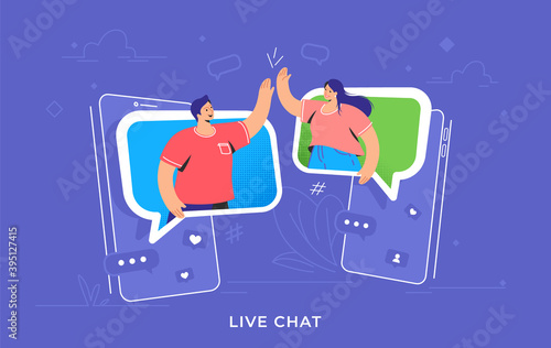 Video call or mobile chat conversation. Concept vector illustration of two friends giving a high-five on smartphones in speech bubbles. Online conference and distance communications for people 
