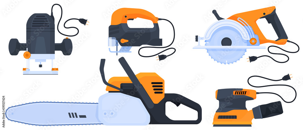 Set of tools. Working with a virgin. Electric fields, jigsaw, milling machine, circular saw, grinding machine. isolated vector illustration