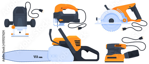 Set of tools. Working with a virgin. Electric fields, jigsaw, milling machine, circular saw, grinding machine. isolated vector illustration