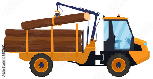 Woodworking industry. Transport for logging. Loading, timber transportation. isolated vector illustration