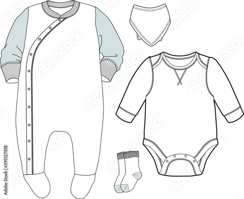 Baby bodysuit flat sketch template. Baby bodysuit. Baby Romper