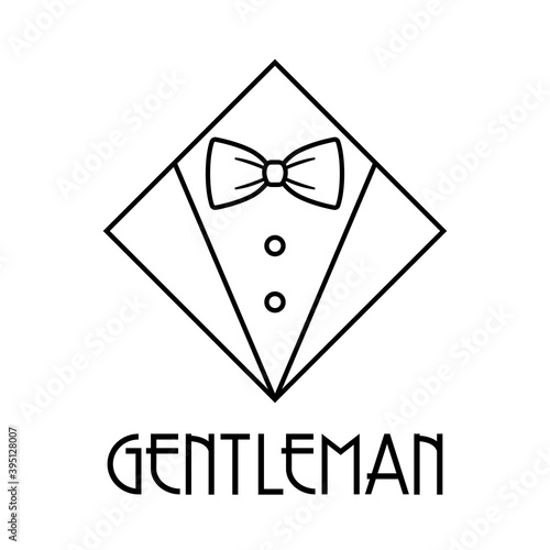 Logotipo con texto GENTLEMAN con esmoquin en rombo con lineas en color negro