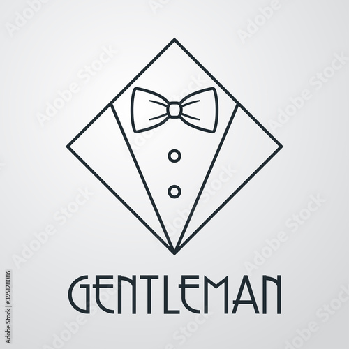 Logotipo con texto GENTLEMAN con esmoquin en rombo con lineas en fondo gris