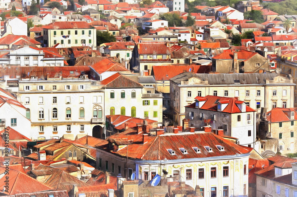 Cityscape from bell tower of Cathedral of St. Domnius colorful painting looks like picture, Split, Dalmatia, Croatia.