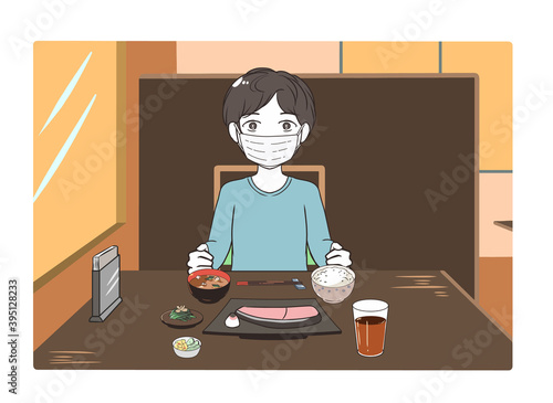 外食する男性　マスク　夕方