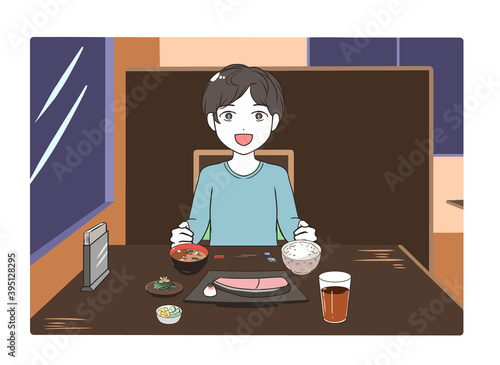 外食する男性　夜