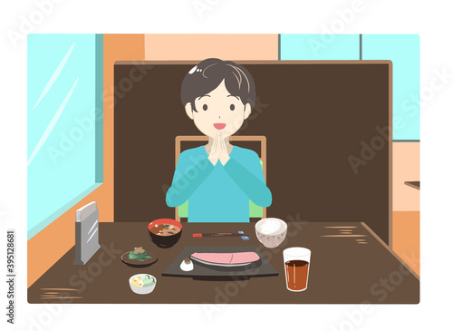 外食する男性　手を合わせる　昼(線無し)