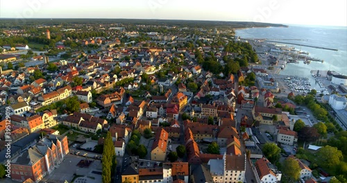 Drone Pan Shot City Of Visby With St Maria Cathedral