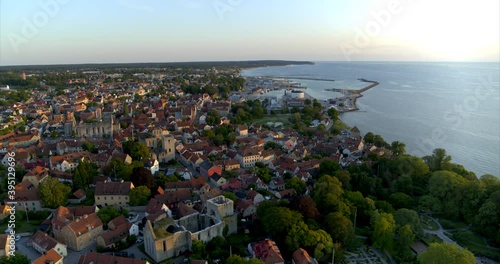 Aerial view over the old part of Visby inside the city walls, On the island of Gotland in Sweden.