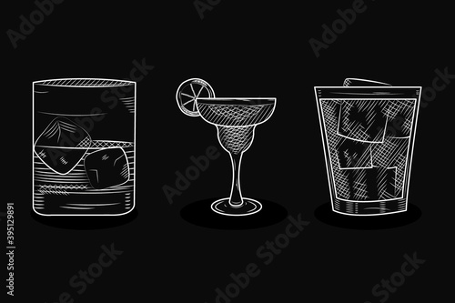 whisky glasses and margarita cocktail, sketch style
