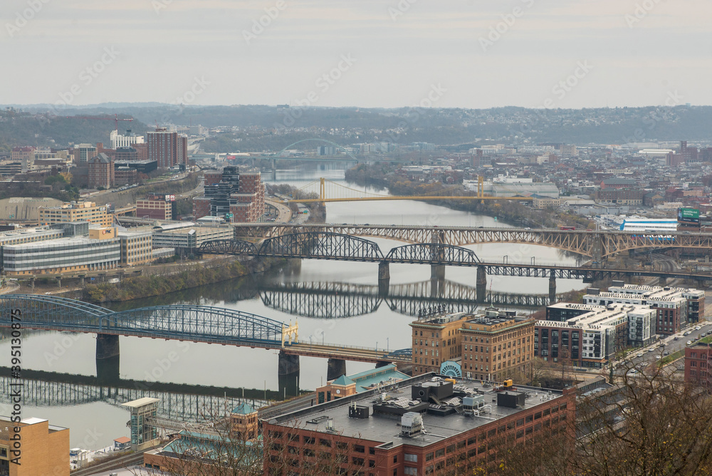 Bridges of Pittsburgh from mountain top (Grandview)