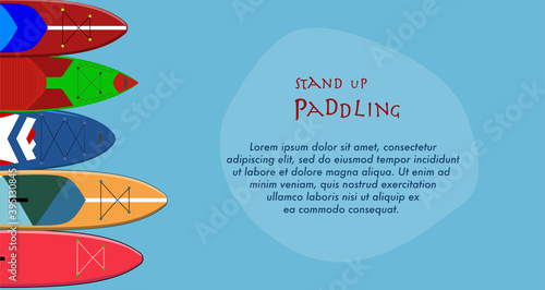 Paddle boarding website background with bright sup boards and the space for text