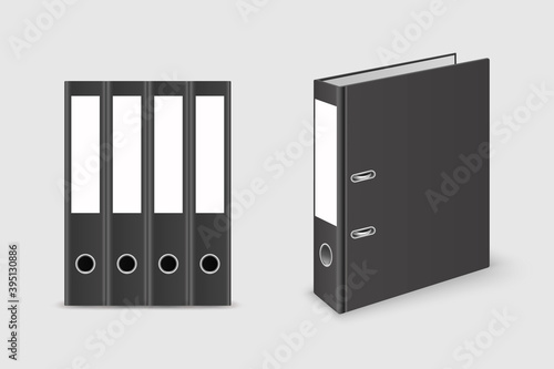 Vector 3d Closed Realistic Black Blank Office Binder with Metal Rings for A4 Paper Sheet Set Closeup Isolated on White Background. 4cm, 5cm. Design Template, Mockup, Front, Side, Back View