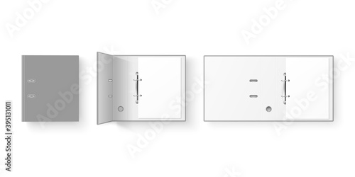 Vector 3d Closed and Opened Realistic Gray Blank, Empty Office Binder Set with Metal Rings and A4 Paper Sheet Closeup Isolated on White Background. Design Template, Mockup, Top View