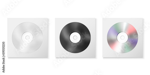 Vector 3d Realistic White, Black and Multicolor CD, DVD in Paper, Plastic Case, Package, Envelope Set Closeup Isolated on White Background. Design Template for Mockup, Copy Space. Top View