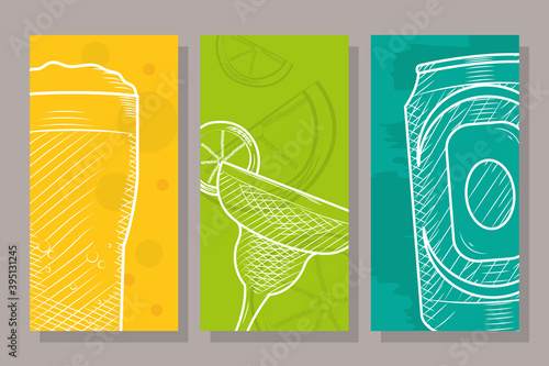 alcoholic drinks colorful designs, sketch style