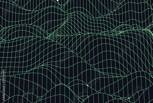 Synthwave landscape with infinite laser grid. Retro 80's and 90's style aesthetics.