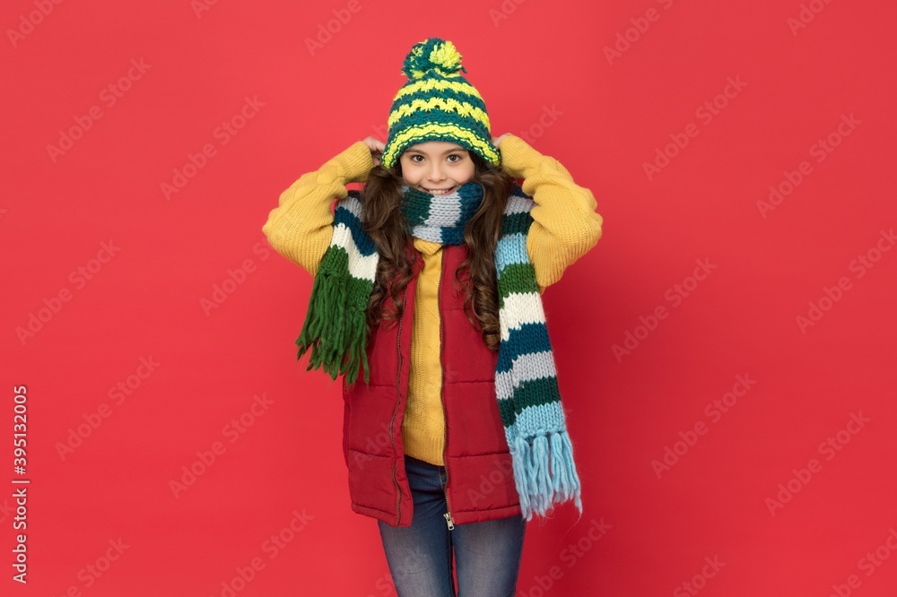 Active rest. cheerful child wear warm winter clothes. seasonal kid fashion. stay cozy and comfortable. happy childhood. cold season look for teen girl. knitted clothing style. take care of health