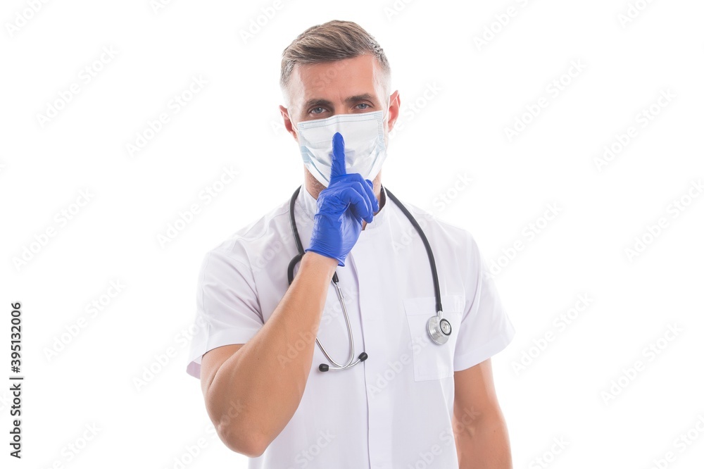 keep quiet in hospital room. covid-19. man in mask with hush gesture. doctor in safety costume. hygiene on coronavirus pandemic. scientist create virus vaccine. epidemic outbreak quarantine keep quiet in hospital room. covid-19. man in mask with hush gesture. doctor in safety costume. hygiene on coronavirus pandemic. scientist create virus vaccine. epidemic outbreak quarantine