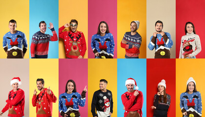 Collage with photos of men and women in different Christmas sweaters on color backgrounds