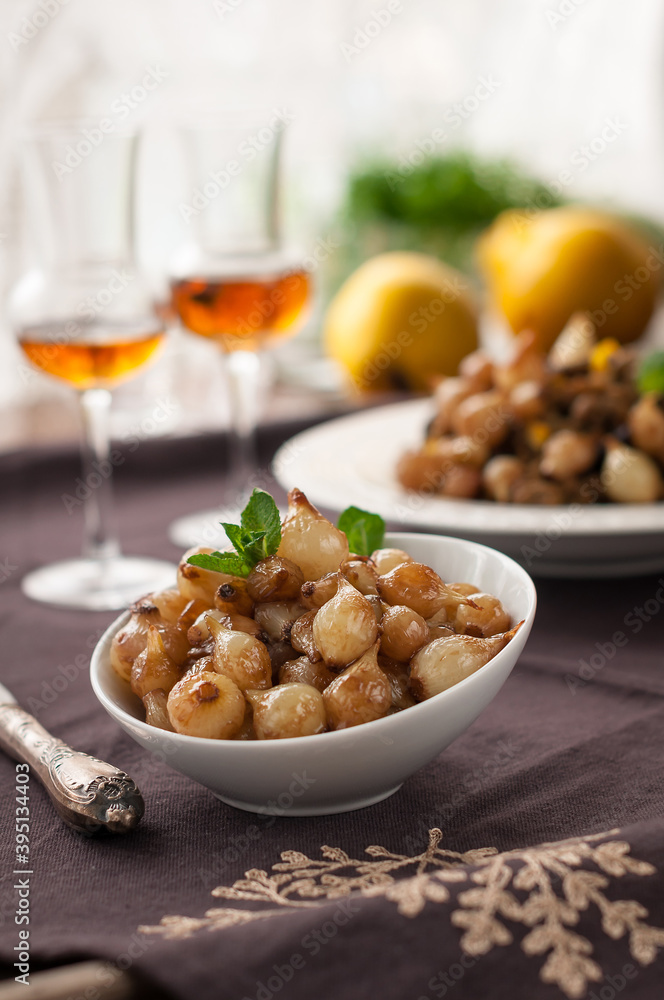 Savory Glazed Pearl Onions in White Bowl Savory Glazed Pearl Onions in White Bowl