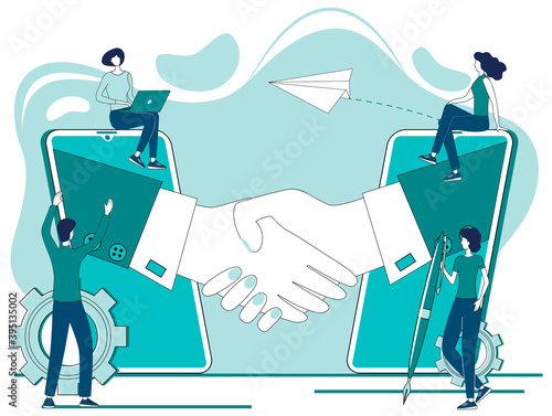 Signing a contract online using your smartphone.Handshake in the background of people and a mobile phone.The concept of a contract, transaction, and business negotiations.Flat vector illustration.