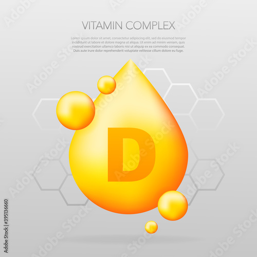 Vitamin D shining pill capcule icon. Shining golden substance drop. Meds ads. Beauty treatment nutrition skin care design. Vector illustration