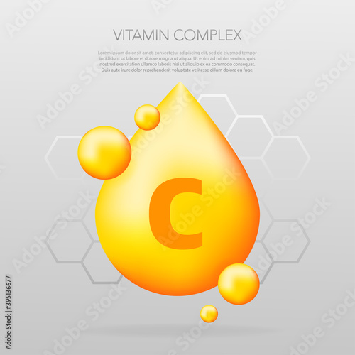 Vitamin C shining pill capcule icon. Shining golden substance drop. Meds ads. Beauty treatment nutrition skin care design. Vector illustration