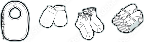 Newborn’s accessories collection socks, shoes, bibs and heats basic set of technical sketches for babies