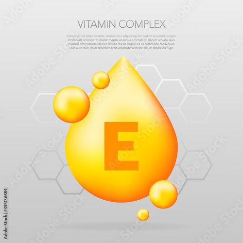 Vitamin E shining pill capcule icon. Shining golden substance drop. Meds ads. Beauty treatment nutrition skin care design. Vector illustration