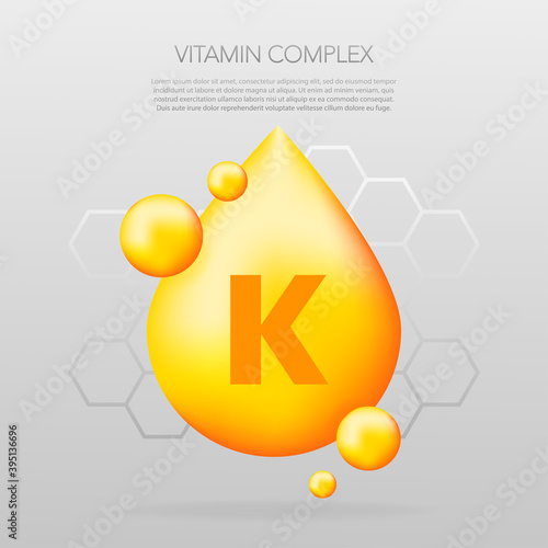 Vitamin K shining pill capcule icon. Shining golden substance drop. Meds ads. Beauty treatment nutrition skin care design. Vector illustration