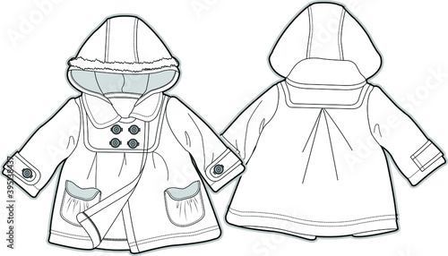 baby coats vector, flat sketch. 
Child coat hand drawn outline. baby clothes flat sketch template isolated