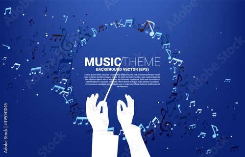 Vector silhouette of conductor hand with music melody note dancing flow . Concept background for classic music concert and recreation.