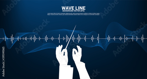 Vector silhouette of conductor hand with Sound wave Music Equalizer background. Concept background for classic music concert and recreation.