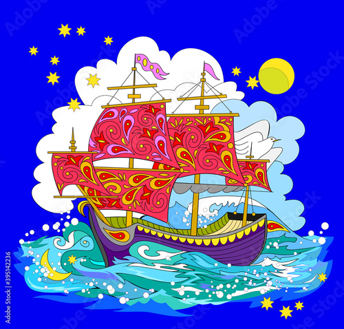 Illustration of ancient medieval sailboat from fairyland. Print for little children and kindergarten. Illustration of fantastic maritime landscape. Beautiful background for kids greeting card.