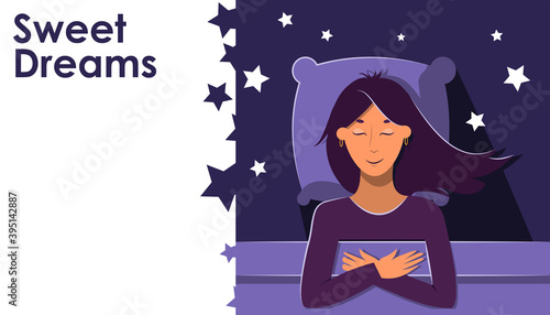 Sleeping girl, night, stars around. Young lady, bedtime, healthy habit, daily regime concept flat vector illustration. Copy space for text, logo. Good mood, sweet dreams. Bedclothes, bed linen advert