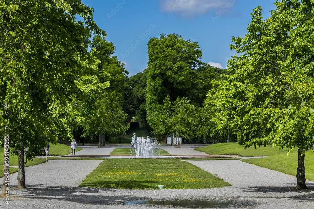 Magnificent Public Park near Drottningholm Palace in Stockholm, Sweden. Drottningholm Palace - most well preserved royal castle built in the 1600s in Sweden.