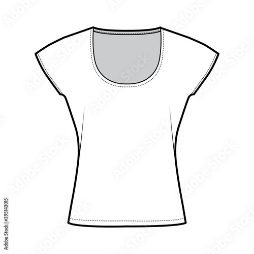Top with short batwing sleeves technical fashion illustration with relax fit, under waist length, round neckline. Flat apparel blouse template front, white color. Women men unisex shirt CAD mockup