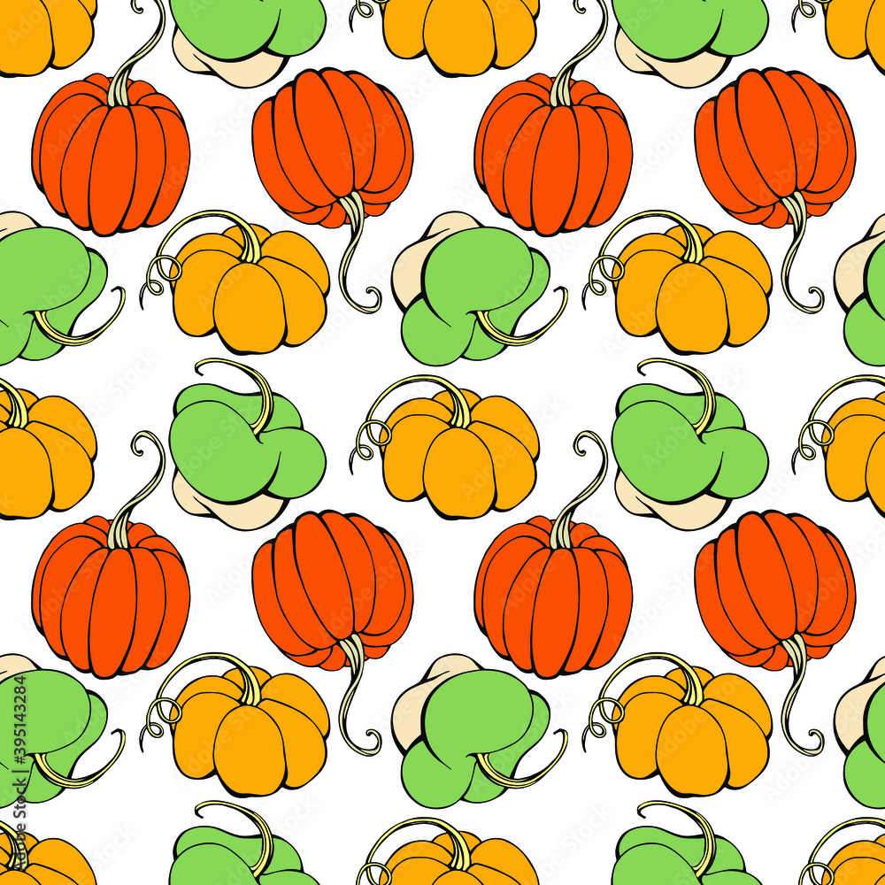 Pumpkin seamless pattern on white background. Hand drawn pumpkin vector. Pumpkin patch.template with hand-drawn graphic. Coffee flyer.