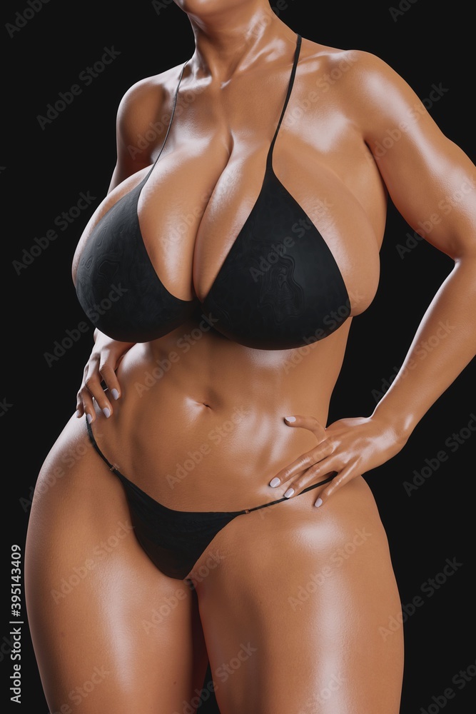 Naklejka premium Sexy young woman with big boobs in a black bikini