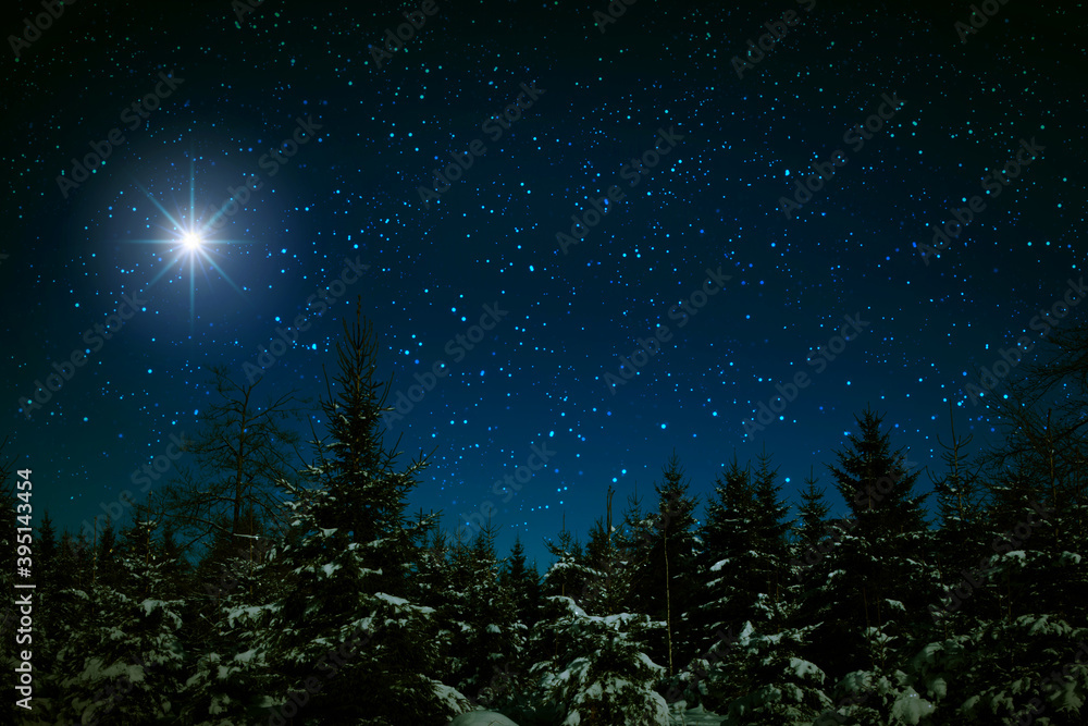 Fototapeta premium Christmas star on night abstract sky. Abstract Background.