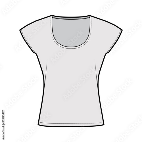 Top with short batwing sleeves technical fashion illustration with relax fit, under waist length, round neckline. Flat apparel blouse template front, grey color. Women men unisex shirt CAD mockup