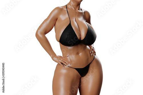 Sexy young woman with big boobs in a black bikini