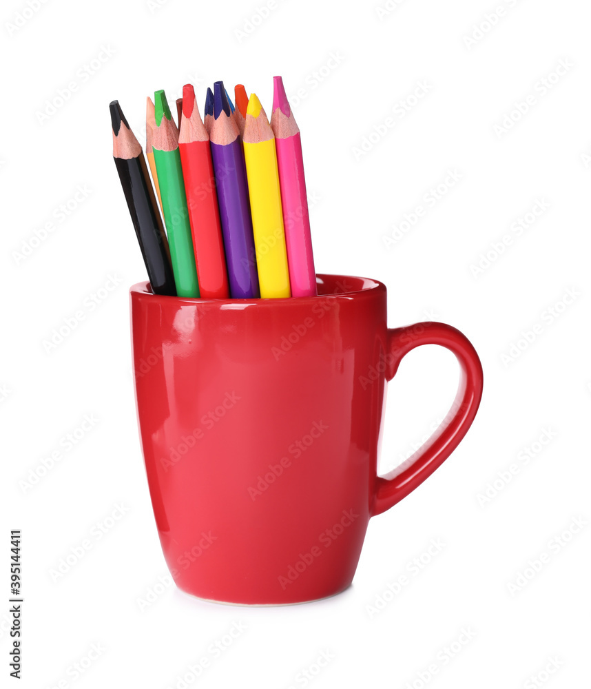 Many colorful pencils in cup isolated on white Many colorful pencils in cup isolated on white