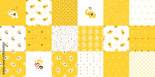 Cute Baby Elephant. Vector Set Seamless of Patterns and Prints with Little Elephants, Hearts, Polka Dots and Check Pattern. Yellow Backgrounds for Kids. Perfect for Birthday or Baby Shower Decor